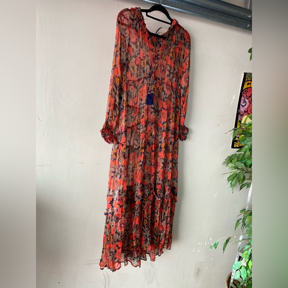 Anthropologie The Marais Red Floral Chiffon Maxi Dress XSP Boho Tiered - Picture 7 of 15